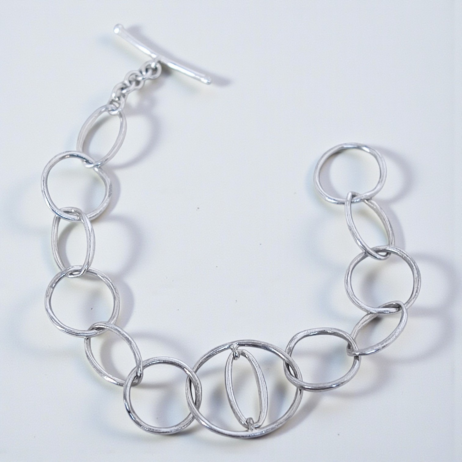 Sterling Silver Toggle Chain Bracelet Large Round Links Artisan Unique 55$